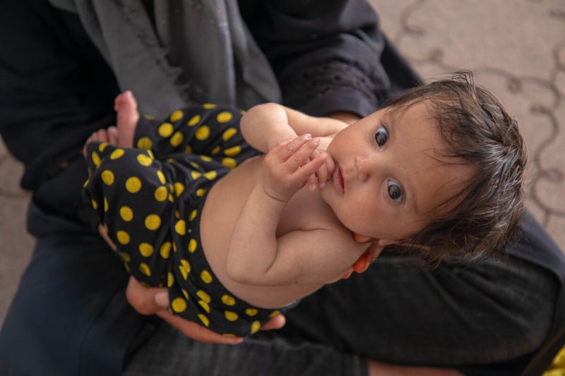 6-mesečna Moqadas počiva v naročju svoje mame Shabnam, medtem ko jo pregledujejo zaradi podhranjenosti v dnevnem centru za prehrano Anjirak v Kabulu, Afganistan.