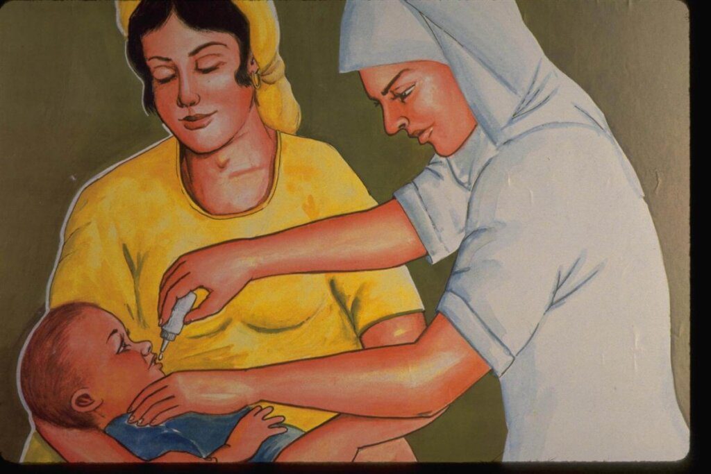 Plakat z ilustracijo dojenčka, ki ga mati drži v rokah in ki prejema cepivo.