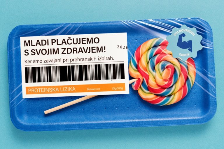 Vizual komunikacijske kampanje Cena zdravja mladih, ki v Sloveniji poteka v okviru globalne pobude Fix My Food.