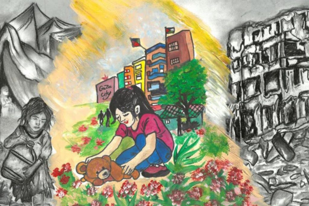 Ena od risb, ki so jo ustvarili otroci v Gazi v okviru UNICEF-ove pobude „Gaza, kot si jo želimo“.