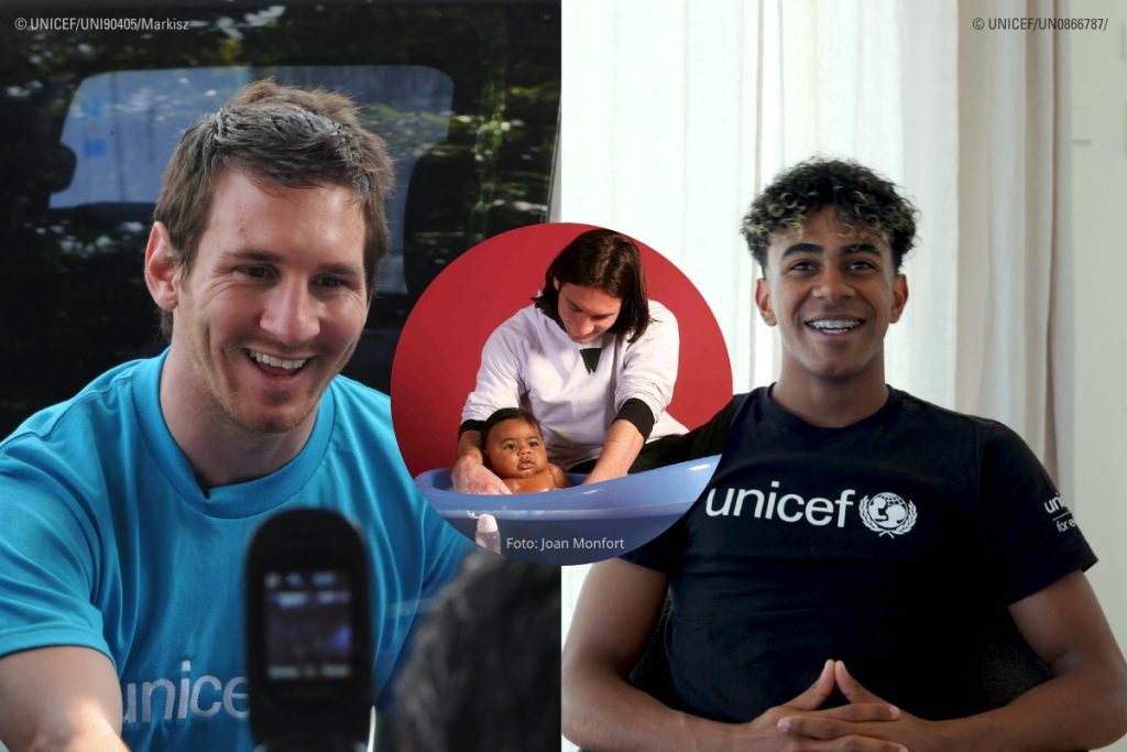 Lionel Messi, argentinski nogometni zvezdnik in dolgoletni UNICEF-ov ambasador dobre volje, leta 2008 med dobrodelnim fotografiranjem za UNICEF pomaga pri kopanju nekajmesečnega Lamina Yamala, danes reprezentanta Španije, ki je letos prav tako postal UNICEF-ov ambasador dobre volje.